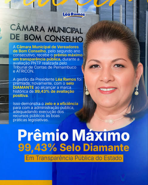 Bom Conselho: Câmara Municipal Conquista Prêmio Máximo em Transparência Pública pelo Segundo Ano Sob Liderança da vereadora Léa Ramos