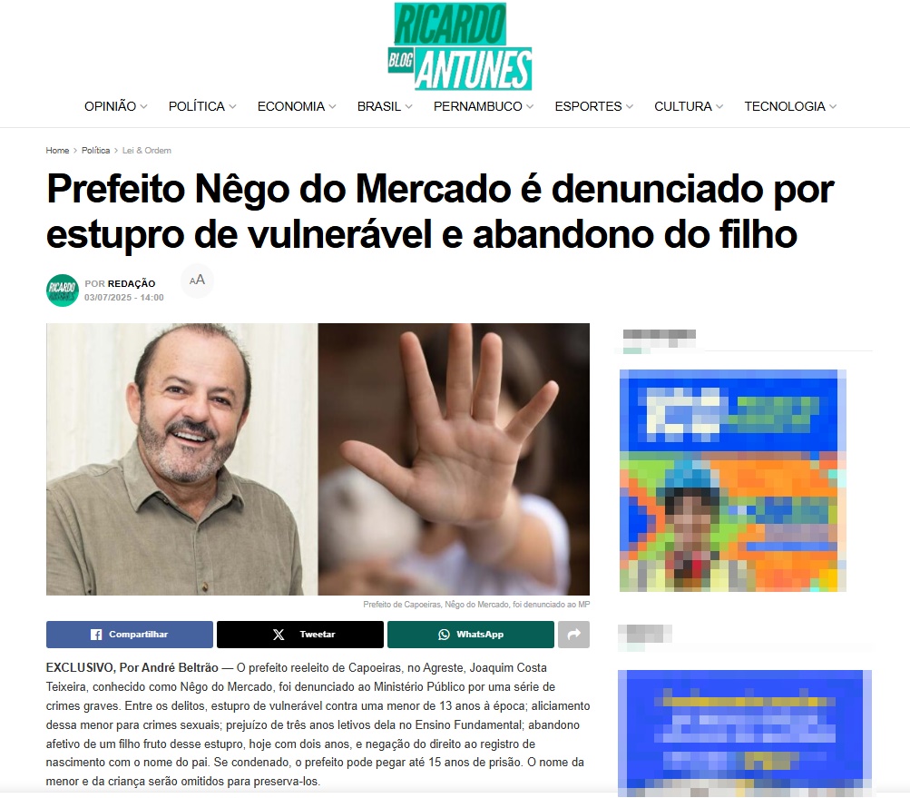 Prefeito de capoeiras é denunciado por suposto estupro de vulnerável e abandono de filho.