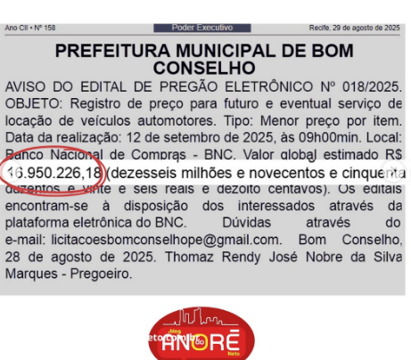 Prefeitura de Bom Conselho lança pregão milionário para locação de veículos
